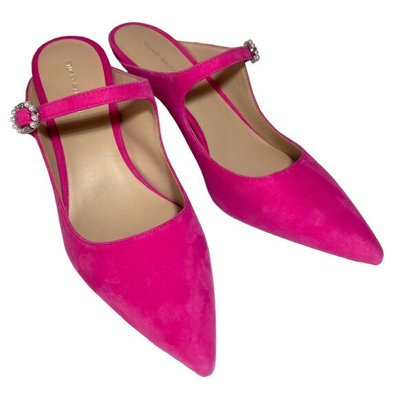 STUART WEITZMAN Women's Fuchsia Hot Pink Suede Heeled Mules Beaded Buckle 8.5 - Picture 2 of 12
